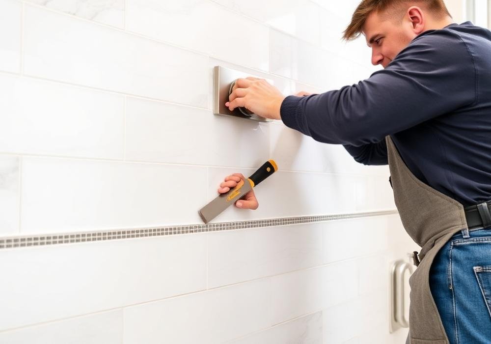 Tile and trim finish work in a bathroom remodel